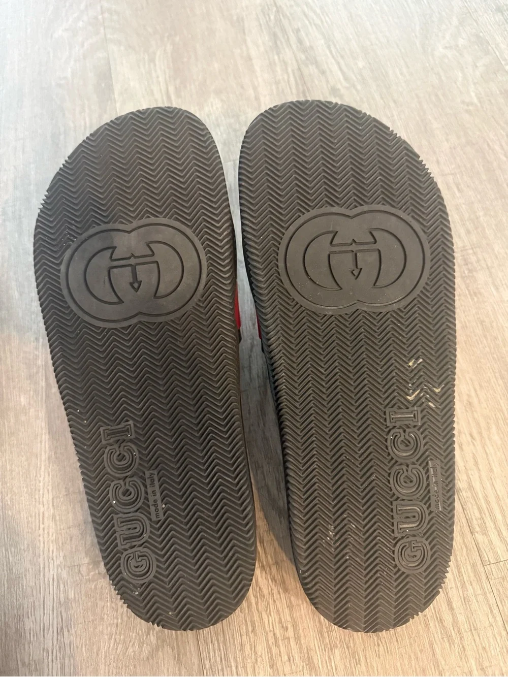 Authentic Gucci Black Slides with Green and Red Web Stripe and Double G Logo